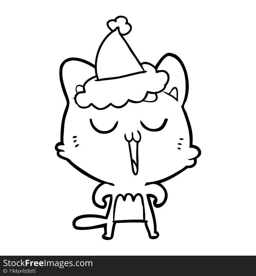 line drawing of a cat singing wearing santa hat