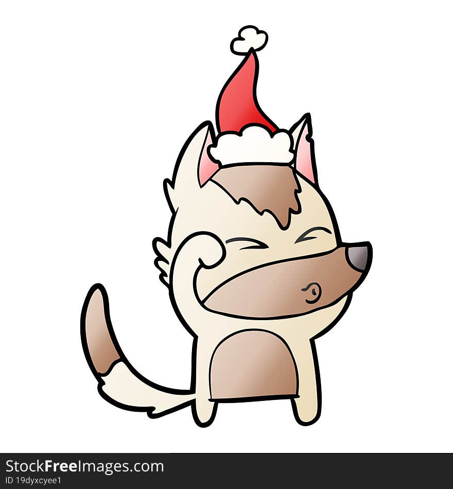 gradient cartoon of a wolf pouting wearing santa hat