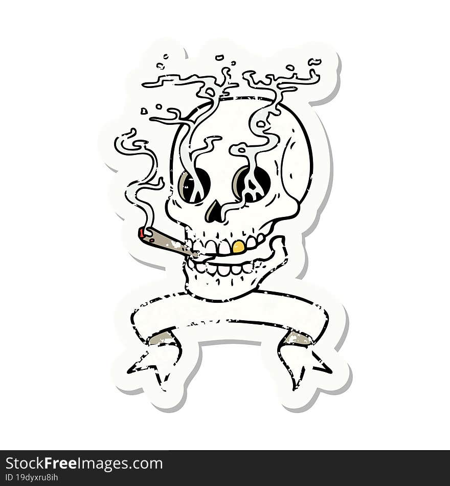 grunge sticker with banner of a skull smoking