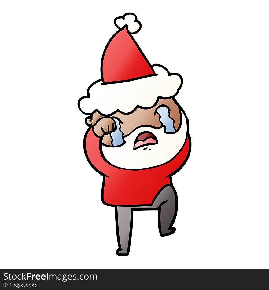 hand drawn gradient cartoon of a bearded man crying and stamping foot wearing santa hat