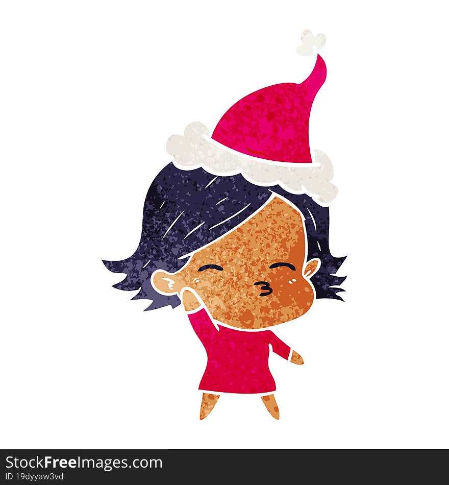 hand drawn retro cartoon of a woman wearing santa hat