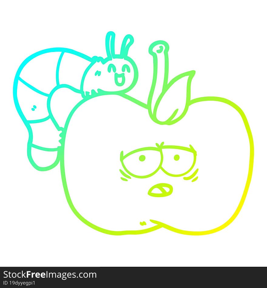 cold gradient line drawing of a cartoon apple and bug