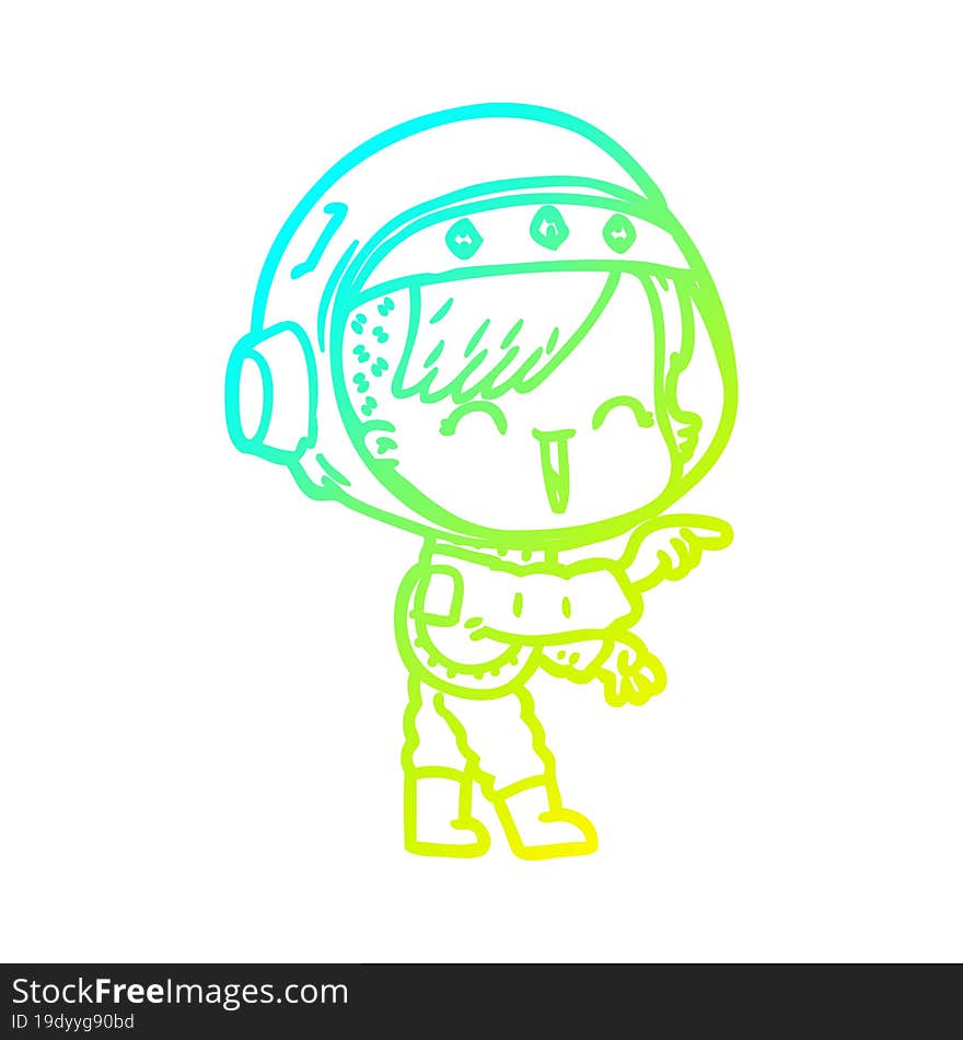 cold gradient line drawing of a cartoon astronaut girl pointing and laughing