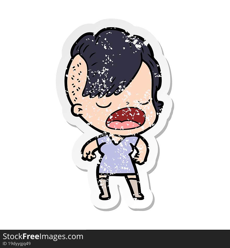 distressed sticker of a cartoon cool hipster girl talking