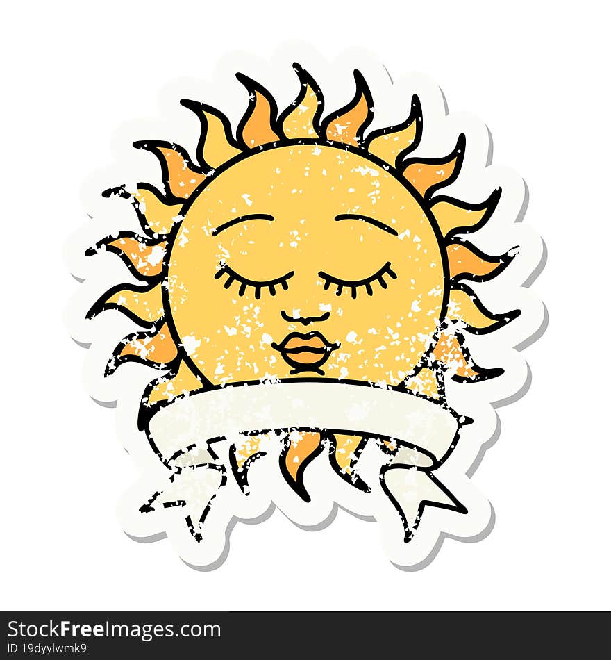 grunge sticker with banner of a sun with face