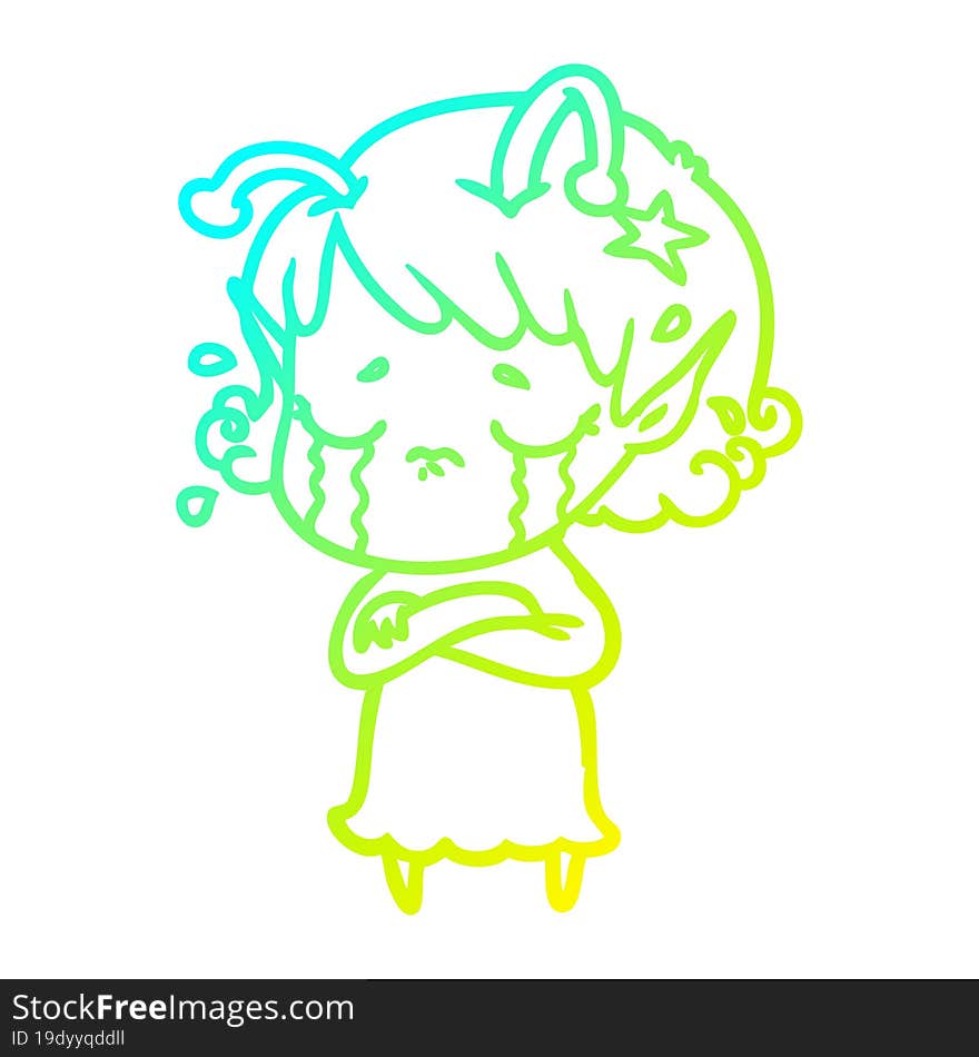 cold gradient line drawing cartoon crying alien girl