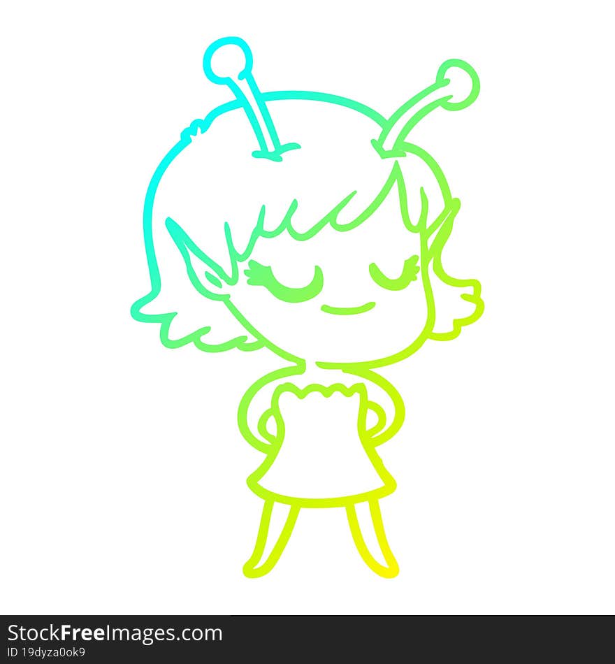 cold gradient line drawing of a smiling alien girl cartoon