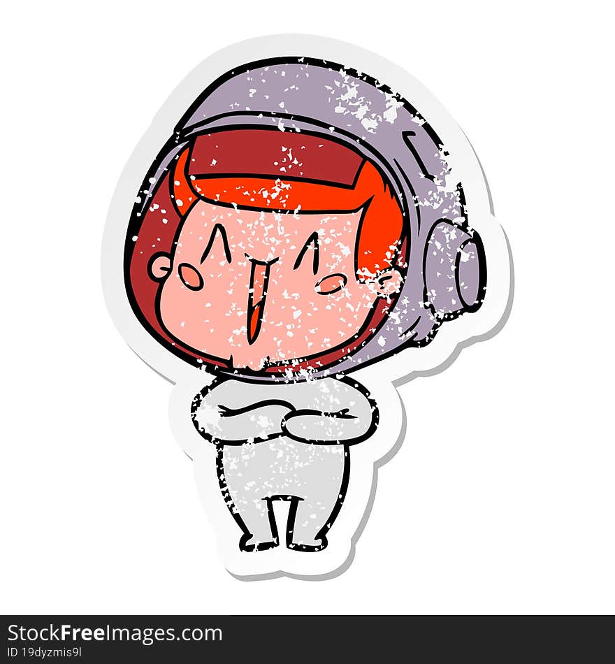 distressed sticker of a happy cartoon astronaut