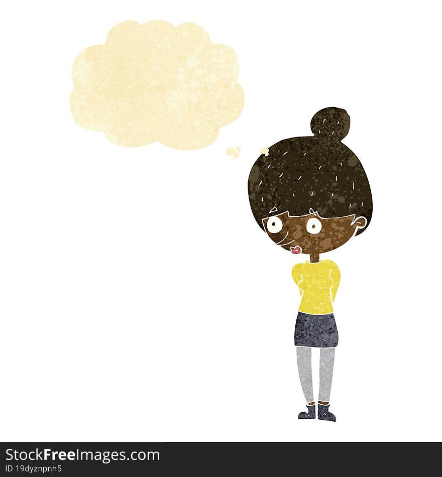 cartoon woman staring with thought bubble