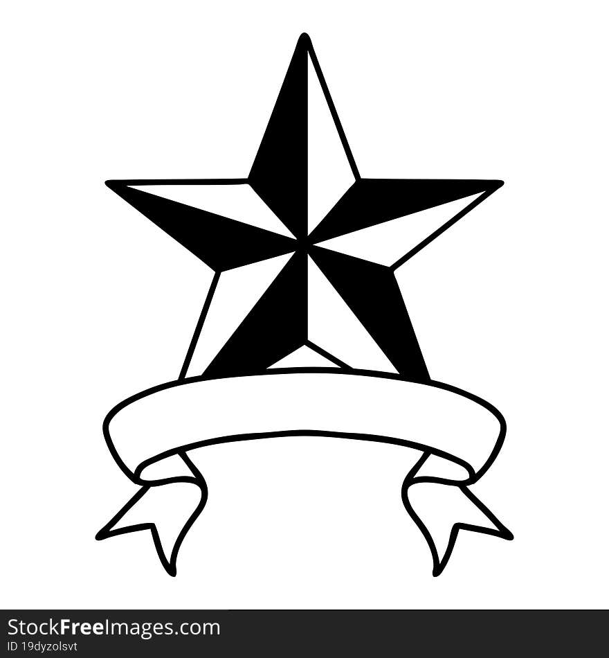 black linework tattoo with banner of a star