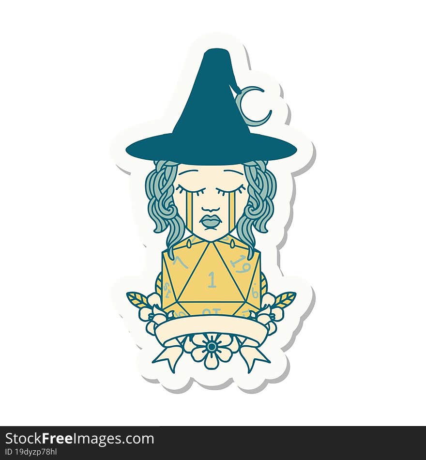 sticker of a crying human witch with natural one roll. sticker of a crying human witch with natural one roll