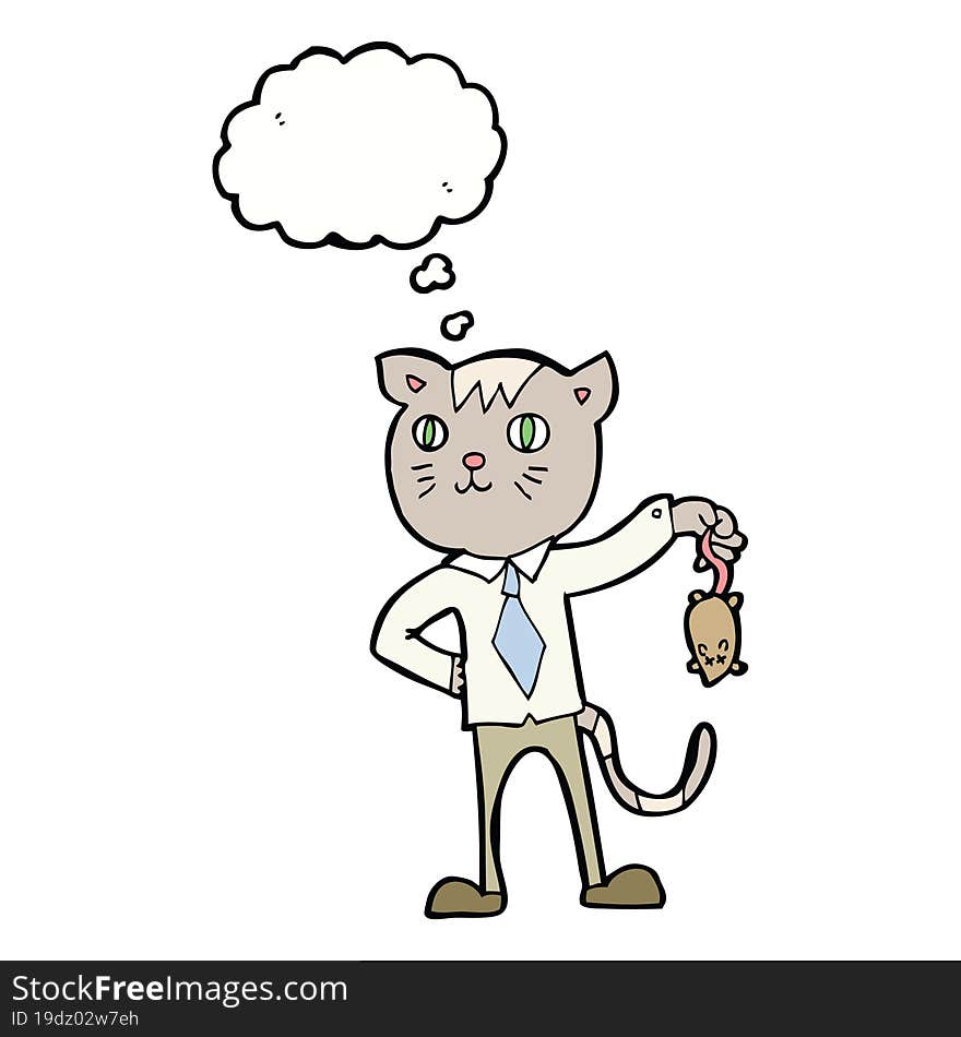 cartoon business cat with dead mouse with thought bubble