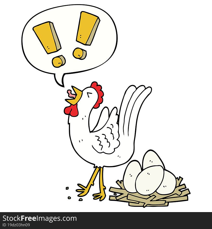cartoon chicken laying egg with speech bubble