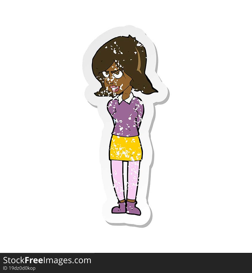 retro distressed sticker of a cartoon annoyed woman