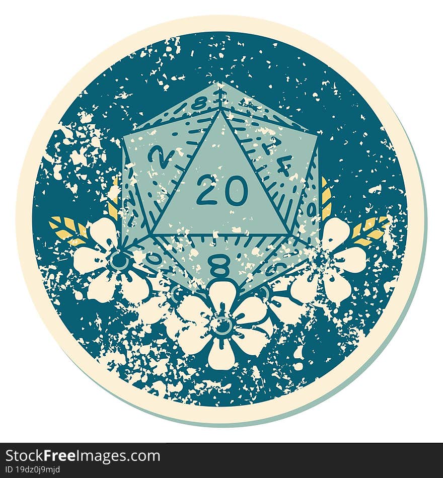 iconic distressed sticker tattoo style image of a d20. iconic distressed sticker tattoo style image of a d20