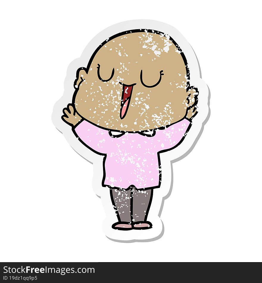 distressed sticker of a happy cartoon bald man