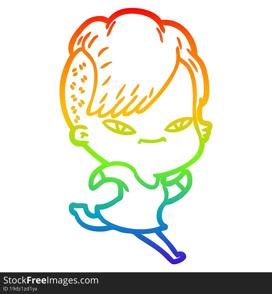 rainbow gradient line drawing of a cute cartoon girl with hipster haircut