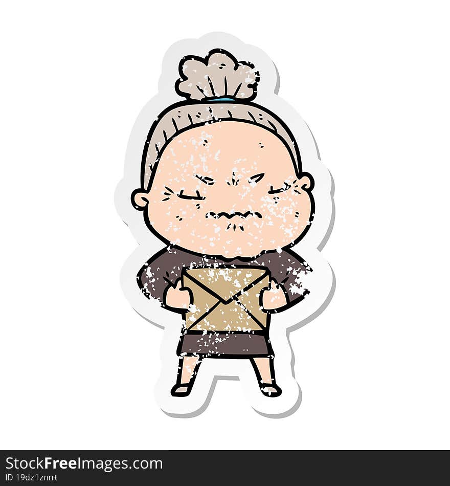 distressed sticker of a cartoon annoyed old lady