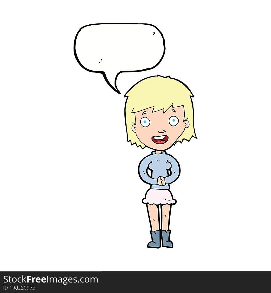 cartoon excited woman with speech bubble