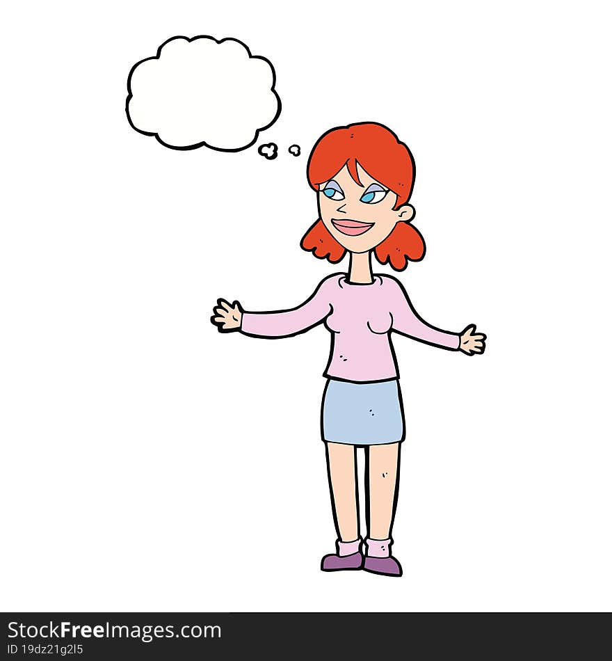 Cartoon Happy Woman Shrugging Shoulders With Thought Bubble