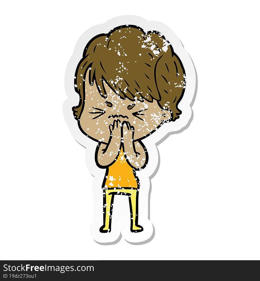 distressed sticker of a cartoon frustrated woman