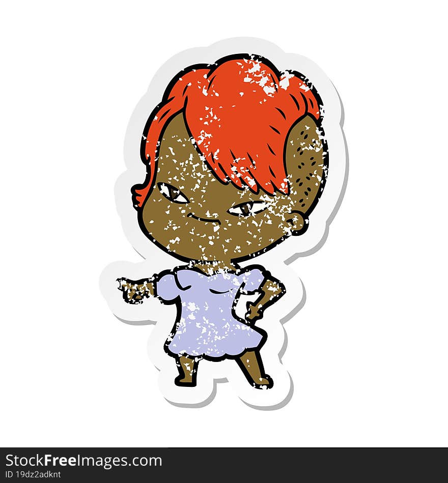 Distressed Sticker Of A Cute Cartoon Girl With Hipster Haircut