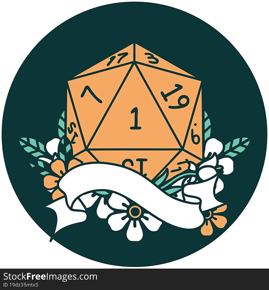 icon of natural one d20 dice roll. icon of natural one d20 dice roll