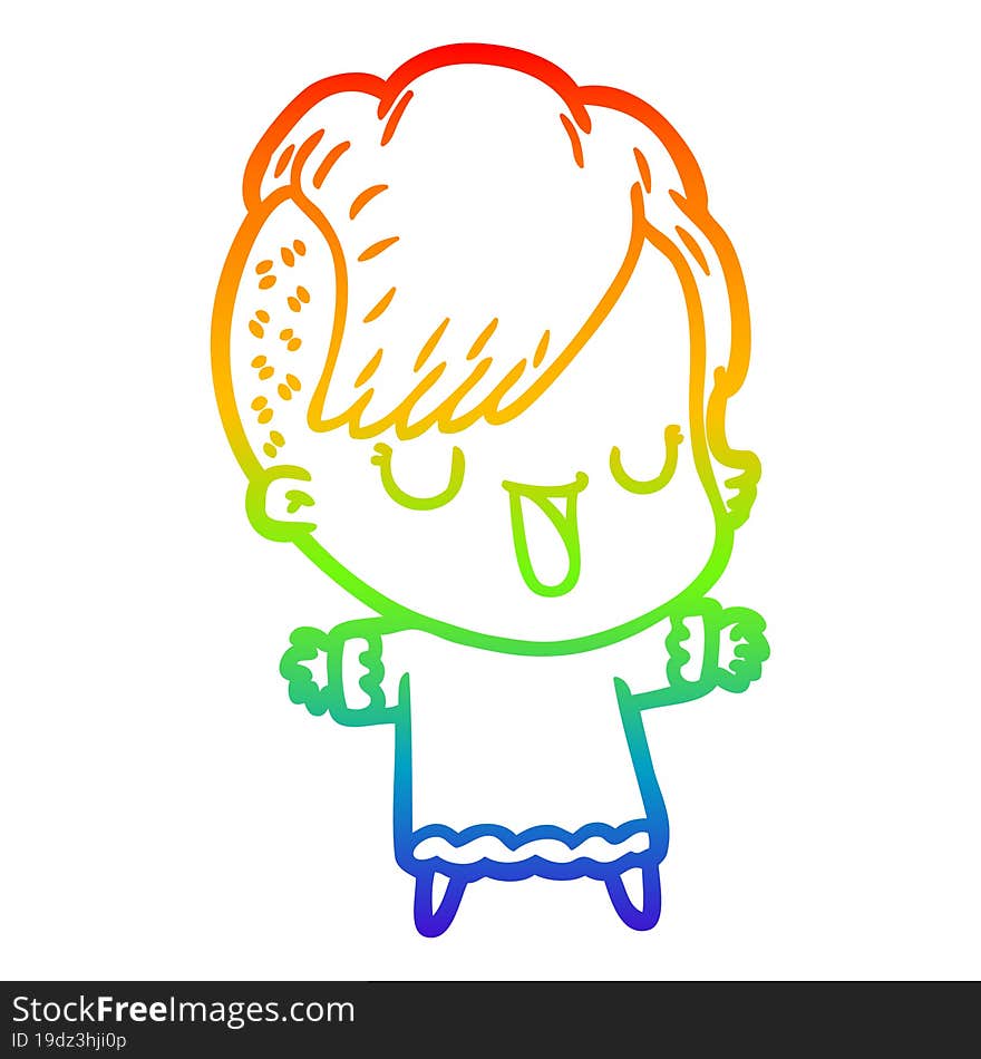 rainbow gradient line drawing of a cute cartoon girl with hipster haircut