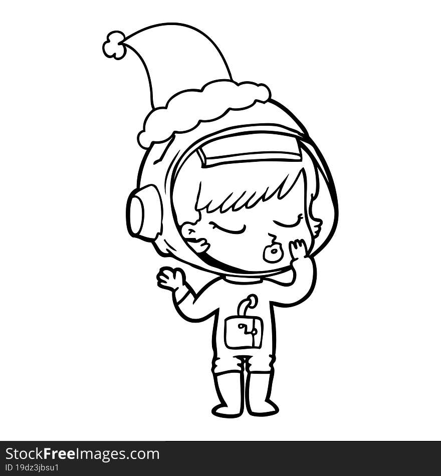 line drawing of a pretty astronaut girl wearing santa hat