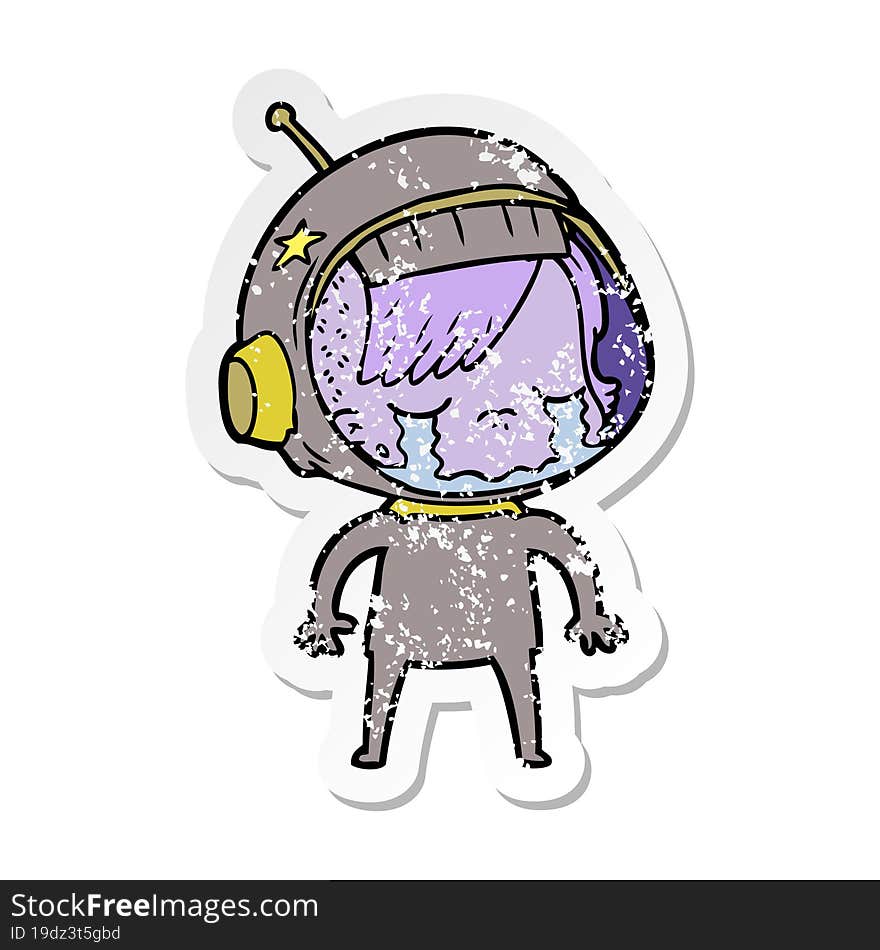 distressed sticker of a cartoon crying astronaut girl