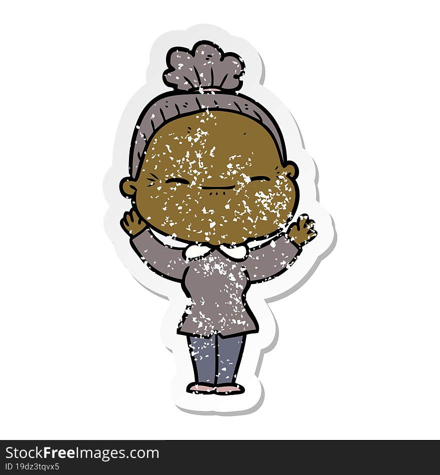 distressed sticker of a cartoon peaceful old woman