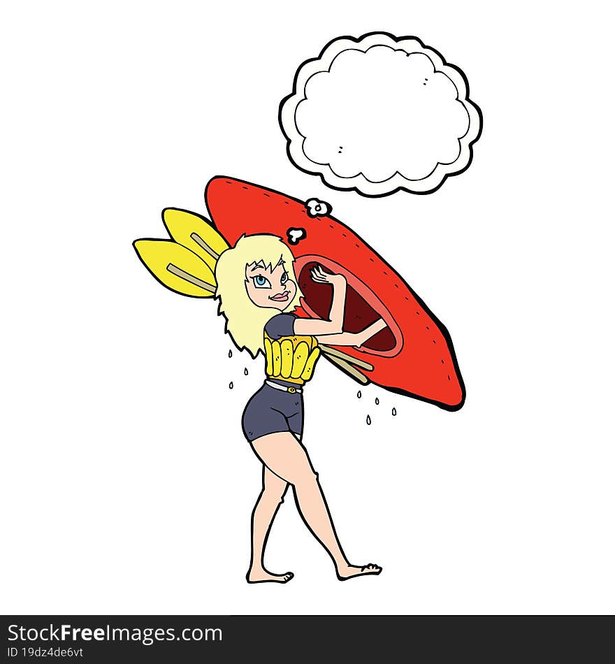 cartoon woman carrying canoe with thought bubble