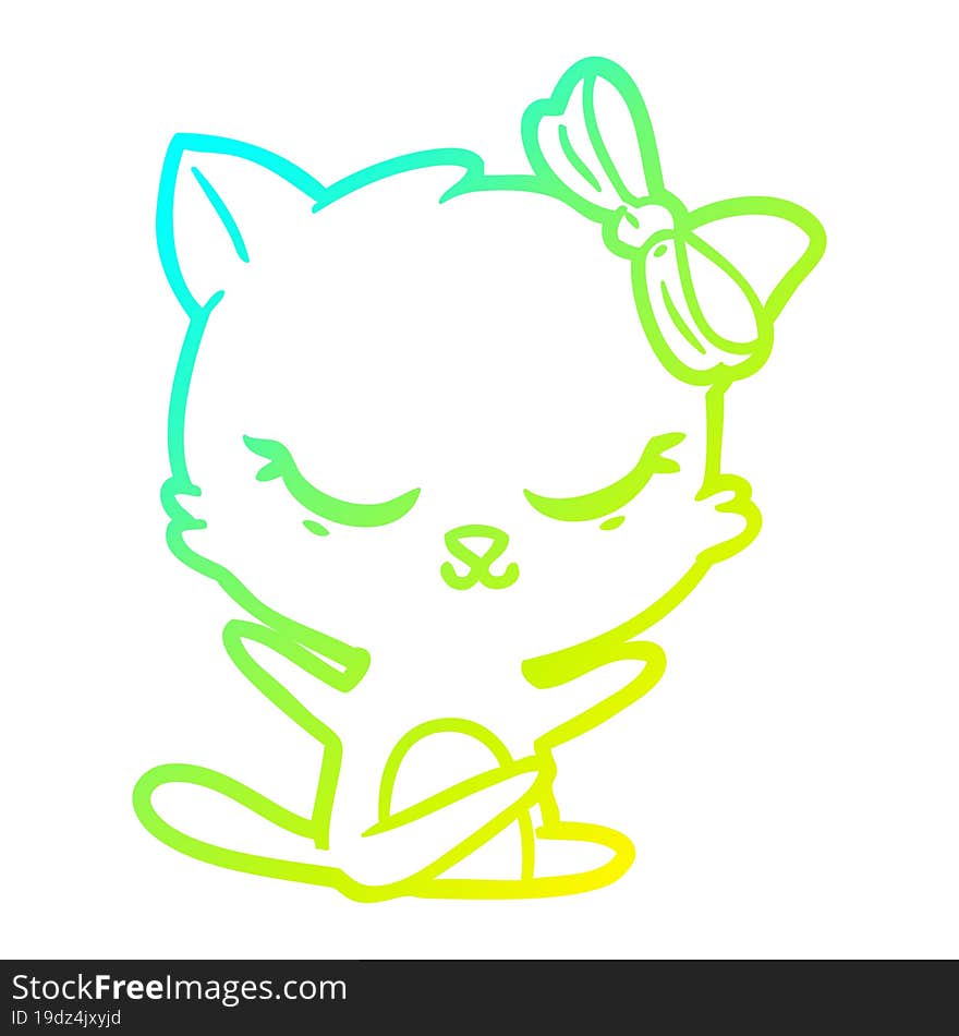 cold gradient line drawing of a cute cartoon cat with bow