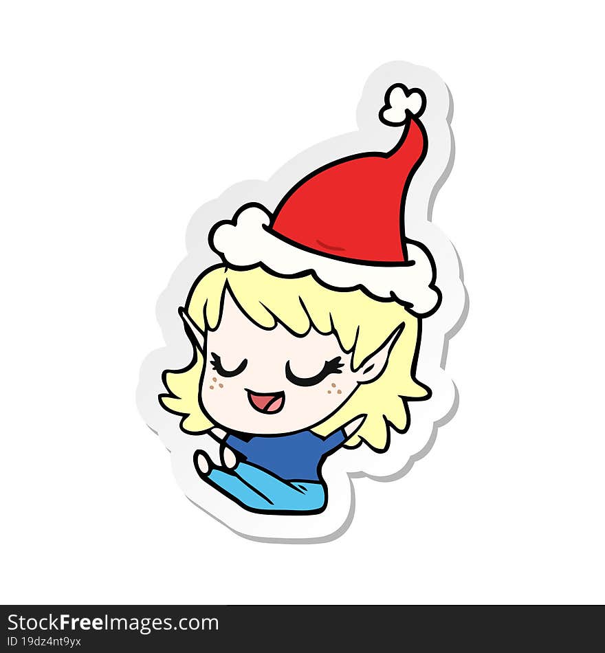 happy sticker cartoon of a elf girl sitting wearing santa hat