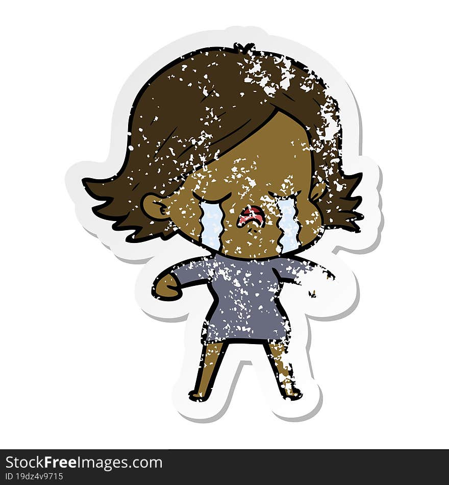 distressed sticker of a cartoon girl crying