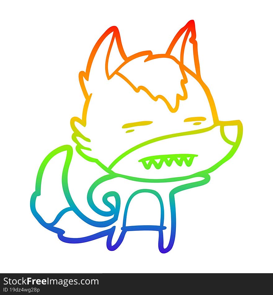 rainbow gradient line drawing of a cartoon wolf showing teeth