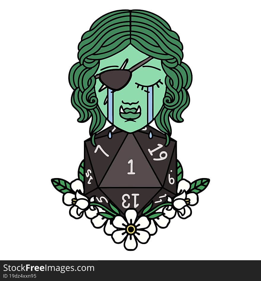 crying half orc rogue character with natural one D20 roll illustration