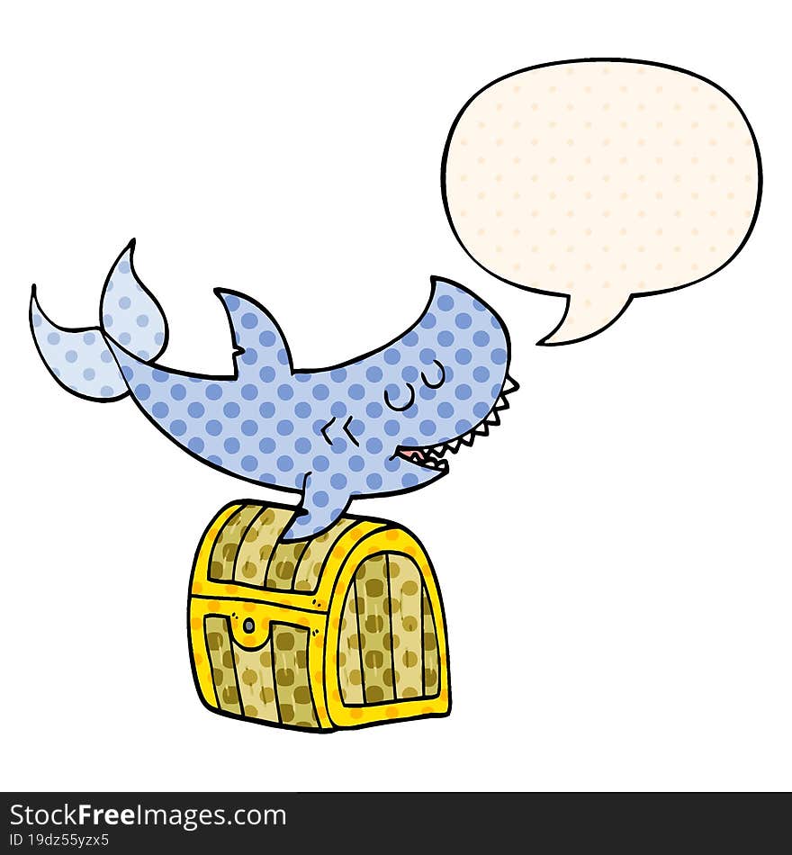 cartoon shark swimming over treasure chest with speech bubble in comic book style