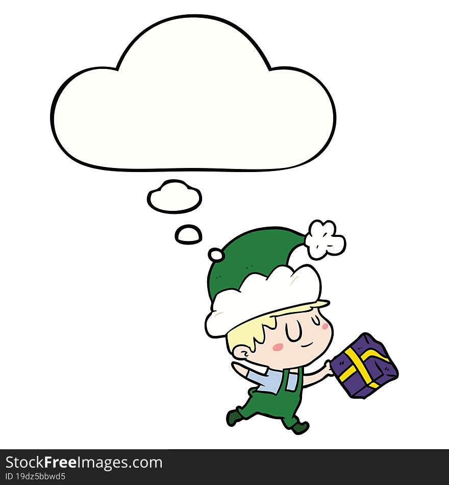 cartoon happy christmas elf and thought bubble