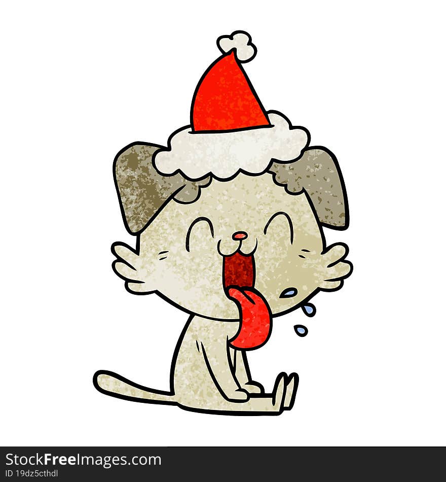 textured cartoon of a panting dog wearing santa hat