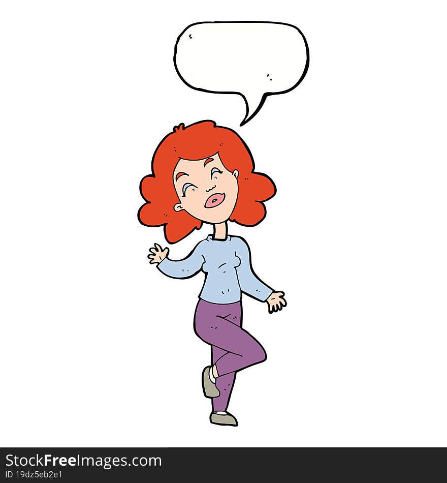 cartoon happy woman dancing with speech bubble