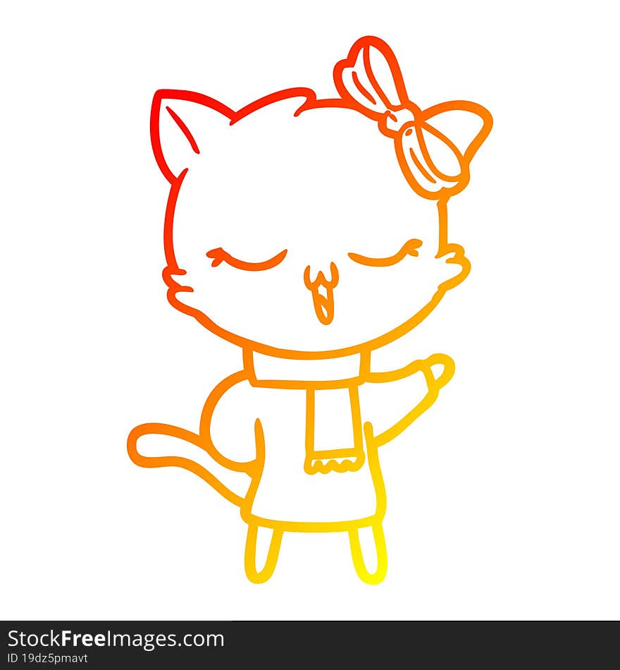 warm gradient line drawing cartoon cat with bow on head