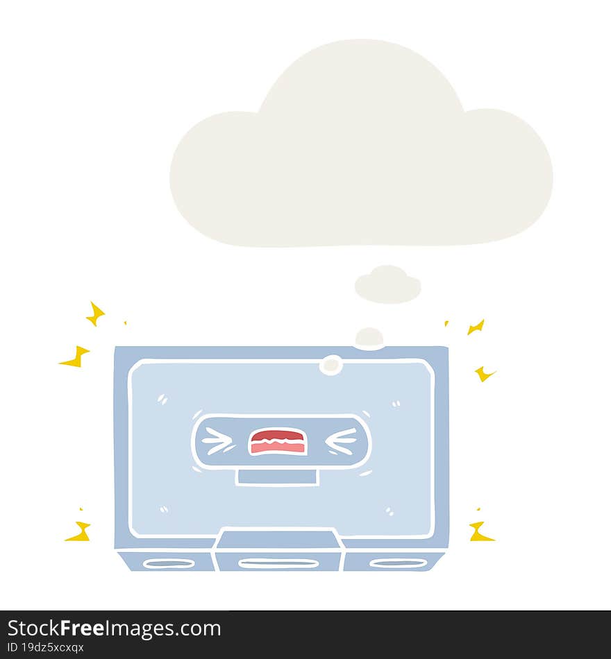 cartoon angry old cassette tape and thought bubble in retro style