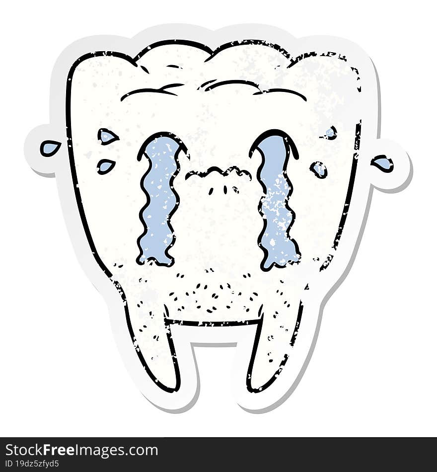 distressed sticker of a cartoon tooth crying