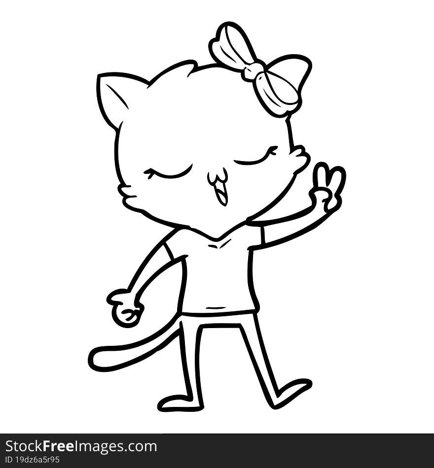 cartoon cat with bow on head giving peace sign. cartoon cat with bow on head giving peace sign