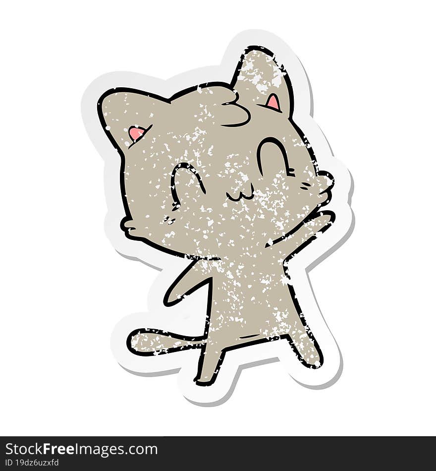 distressed sticker of a cartoon happy cat