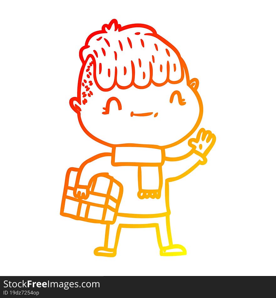 warm gradient line drawing cartoon friendly boy with christmas present