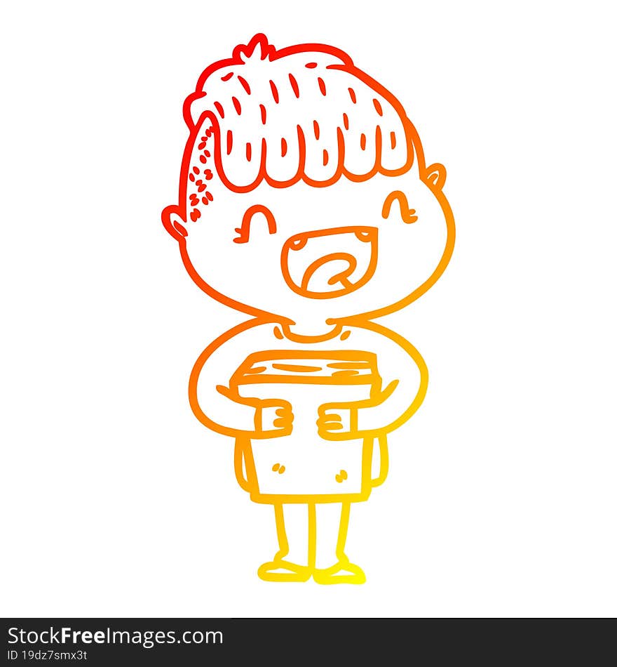 warm gradient line drawing cartoon happy boy with new books