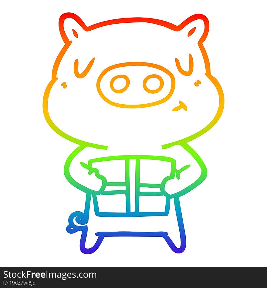 rainbow gradient line drawing of a cartoon christmas pig