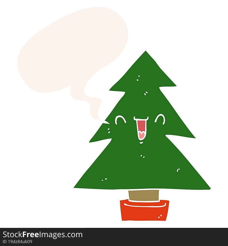 Cartoon Christmas Tree And Speech Bubble In Retro Style